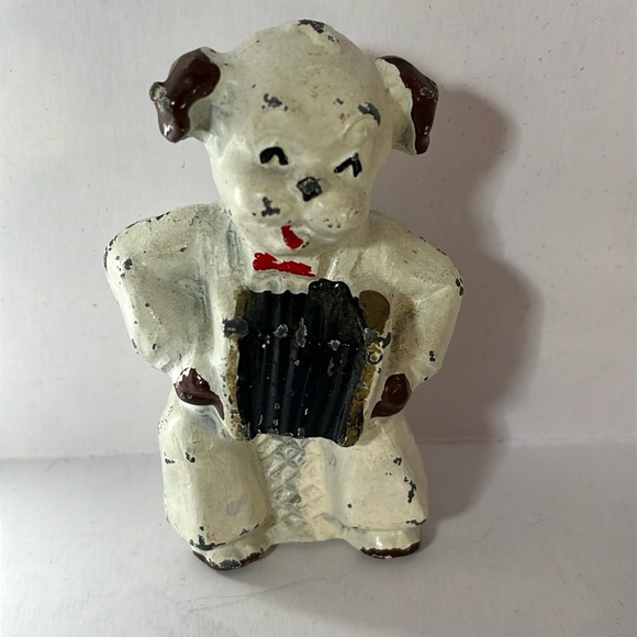 Antique Cast Metal Miniature Dog Playing the Accordion Figurine Toy - Picture 1 of 13